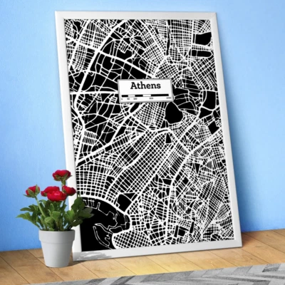 Athens, Hand Drawn City Map Poster — Black White Modern Urban Art - Image 1 of 4