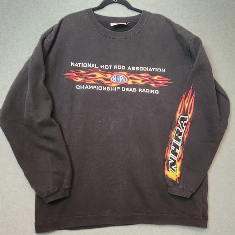 Vintage NHRA Drag Racing Sweatshirt Men's XL Black Embroidered Flame On Sleeve Cover