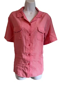 Croft & Barrow Size L Pink Coral Plaid Short Sleeve Blouse - Picture 1 of 7