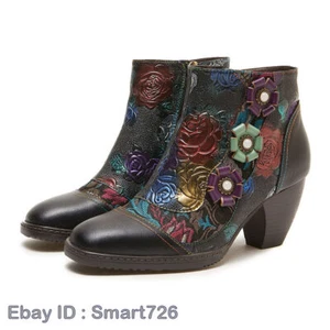 Retro American Style Women's Western Floral Block Heels Real Leather Ankle Boots - Picture 1 of 22