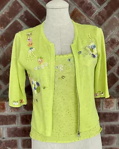 One Girl Who Anthropologie Sweater Set Womens XS Lime Green Embellished Floral - Picture 1 of 19