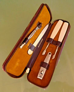 Vintage Manicure Pedicure Kit West Germany Brown Leather Cover Case Brush 5 Tool - Picture 1 of 9