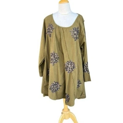 Krista Larson Billowy Sequined Shirt Artsy Art-To-Wear Lagenlook Army Green OSFM - Изображение 1 из 4