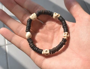 Skull Beaded Bracelet Wooden Black Handmade Gift for Men Beads Made From Wood - Picture 1 of 3
