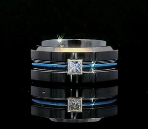 Anillo de carburo de tungsteno negro y azul con piedra de diamante cuadrado para hombre y mujer - Imagen 1 de 6