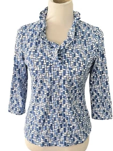 J Mclaughlin Durham Top •S• Ruffle Catalina Cloth 3/4 Sleeve Blue Geometric - Picture 1 of 10