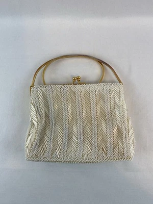 Vintage Handmade Hong Kong Beaded White Clutch Handbag Purse Gold Finish Handles - Image 1 of 4
