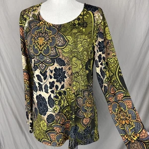 Indigo Moon Womens MEDIUM Stretch Tunic Top Gold Floral Paisley Shirt - Picture 1 of 20