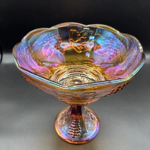 Vintage Indiana Glass Carnival Glass Tall Pedestal Fruit Bowl Marigold Harvest - Picture 1 of 10