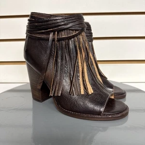 Bed Stu Onset Olivia Women’s 6.5 Peep Toe Fringe Booties Brown Leather Heel Boho - Picture 1 of 14