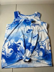 Nike Tank Top Girls M Blue White Tie Dye Allover Swoosh Logo Sleeveless Knot Hem - Picture 1 of 6