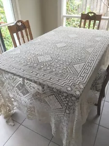 Antique Italian Tuscan Cream Mondano Knotted Lacis Filet Lace Tablecloth 270 Cm - Foto 1 di 8