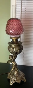 Vintage Antique Cherub Angel Gone With The Wind Lamp Chimney Cranberry Hobnail  - Picture 1 of 23
