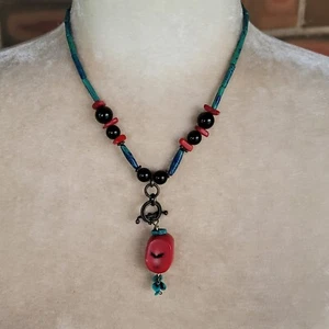 Vintage Sterling Silber Türkis und Koralle Halskette abnehmbarer Anhänger 925 - Bild 1 von 12