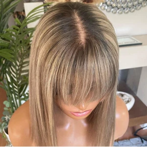Blonde Wig with Bangs Brazilian Human Hair Wig Straight Highlights Lace Wig - Picture 1 of 9