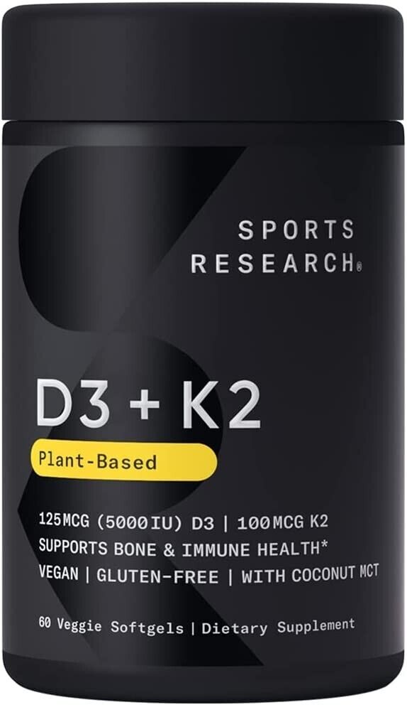 Sports Research Vitamin D3 + K2 with 5000iu of Plant-Based D3, Non-GMO  (60ct)