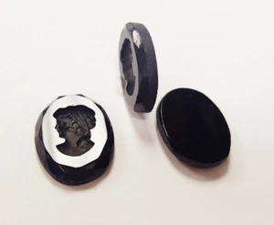 2 Vintage Glas Schwarz & Hämatit Damen Stirnband 25x18mm Deutsch Intaglio Kamee 271 - Bild 1 von 3