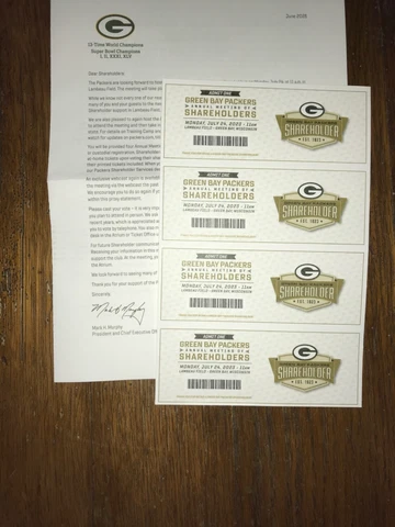 2023 Green Bay Packers Shareholder Meeting 4 tickets + Letter Cover