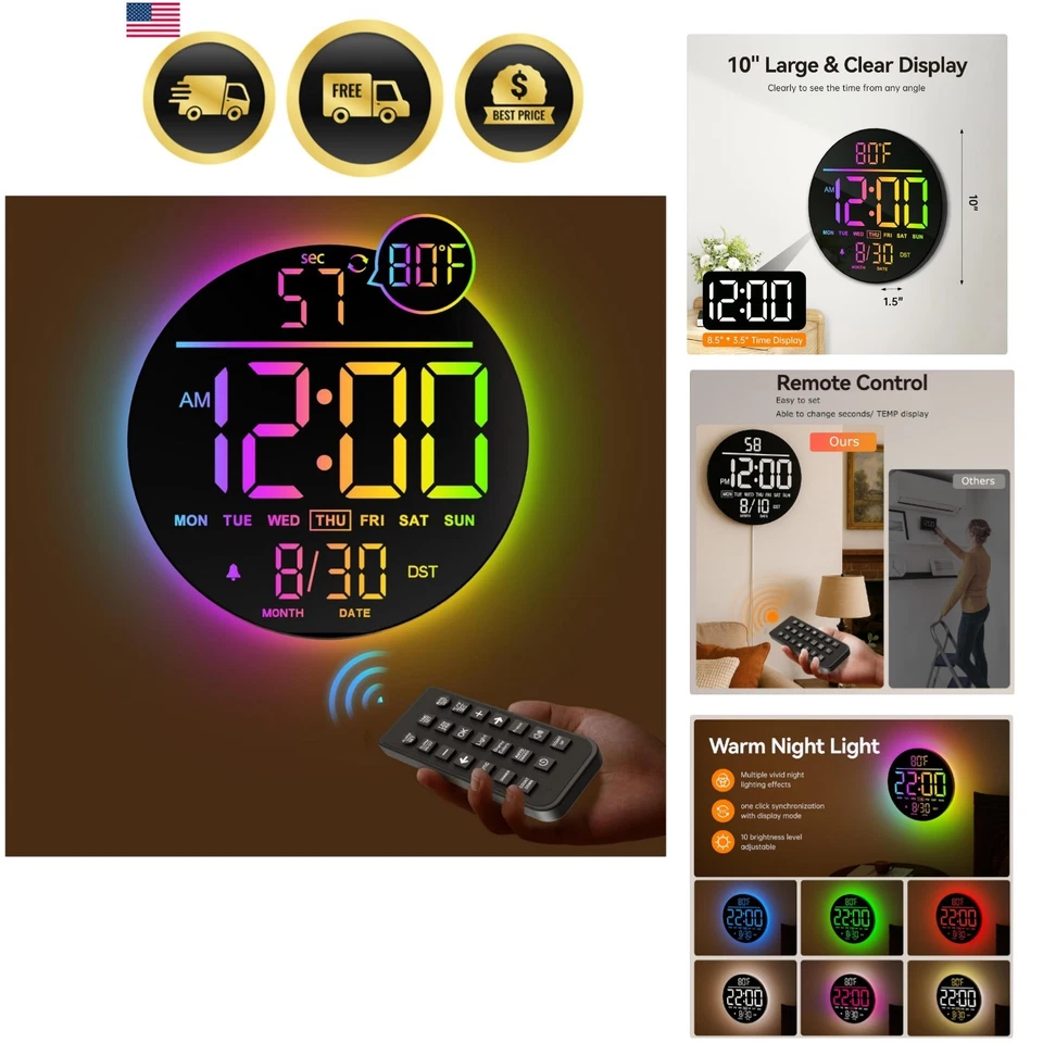 Digital Wall Clock 10 Inch RGB LED Display with Alarm and Timer for Bedroom - Image 1 of 4