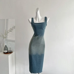 Women Summer Retro Blue Denim Cotton U-Neck Vest Pullover A-Line Dress Girl - Picture 1 of 11