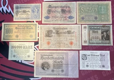 1910 - 1923 Germany 9 Paper Banknotes Lot 5, 50, 1K, 5K, 100K & 2 Million Mark - Image 1 of 4