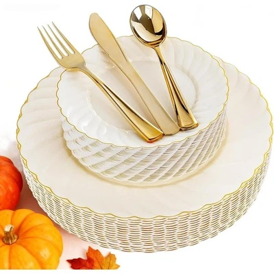 Elegante Juego de Platos Desechables Azul Dorado Bodas Fiestas Eventos 25 Invitados Nuevo Foto 1 de 4