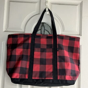 LL BEAN Plaid Polyester Tote Bag, Black & Red Zip Closure 23" x 14.5” - Picture 1 of 13