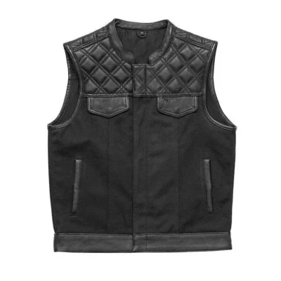 Men’s Dream Apparel Black Denim  Leather Motorcycle Vest with Black Stitching - Image 1 of 4