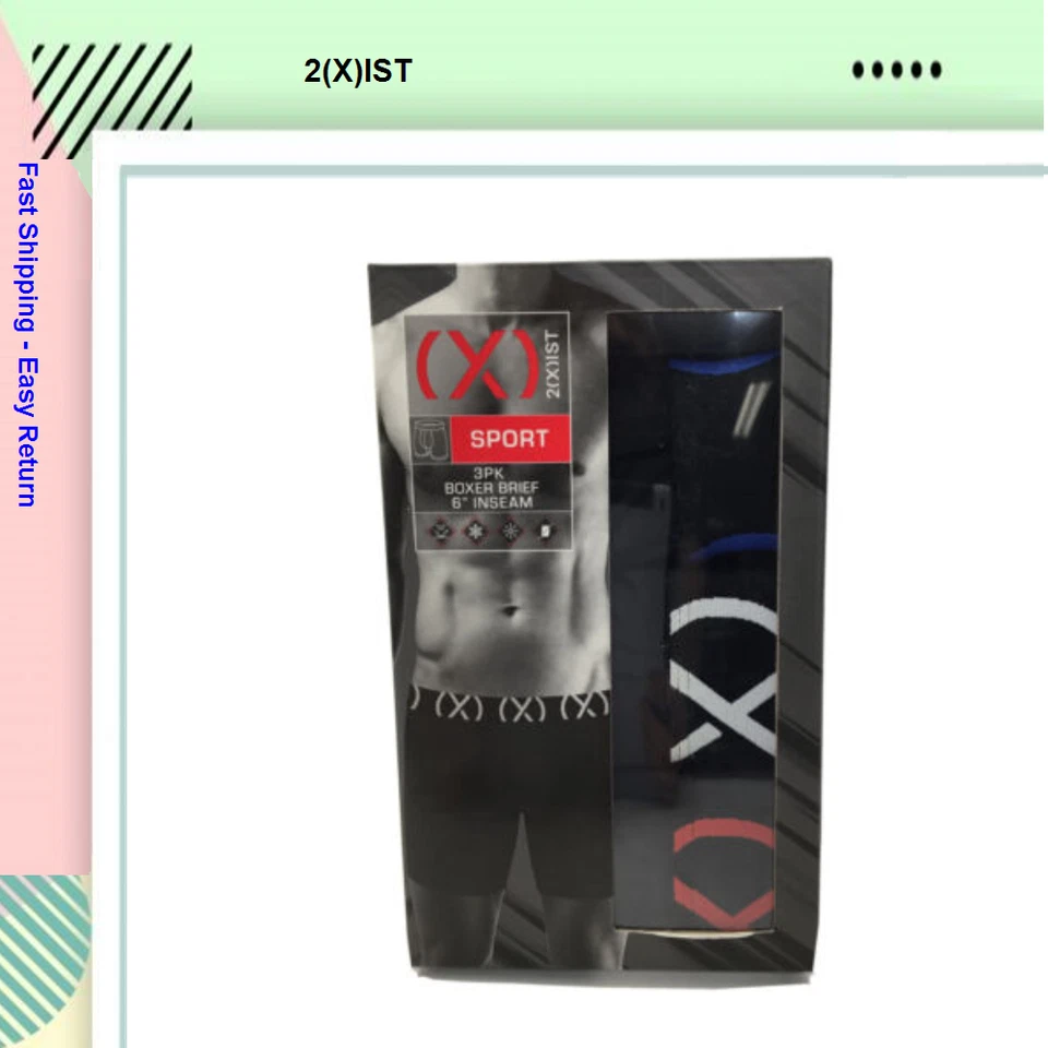 2(X)IST Mens 6" Inseam Sport Boxer Brief 3-pack Stretch Multicolor M 32-34