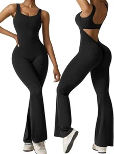 Vertvie Sleeveless Flare Jumpsuits for Women Sexy Backless Bodycon V Back Scrunc - Picture 1 of 5
