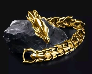viking dragon bracelet Gold Plated 35g Chinese Norse Dragon Beast Mythical Lucky - Picture 1 of 4