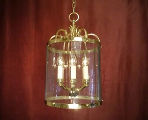 ANTIQUE VINTAGE SHINY BRASS LANTERN 6 LAMP CHANDELIER ROUND CUT GLASS Ø 12" - Picture 1 of 7