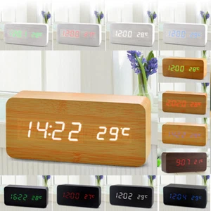 Digital LED Wood Wooden Desk Alarm Clock Timer Thermometer Snooze Voice Control - Picture 1 of 11