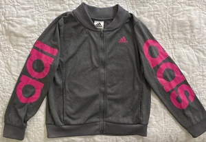 Girl's adidas Full Zip Jacket, Medium 10/12, Sleeve Spellout, Gray/Pink - Picture 1 of 3