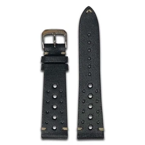 Cinturino orologio vintage in pelle | fori da corsa | nero | punto bianco crema - Foto 1 di 2