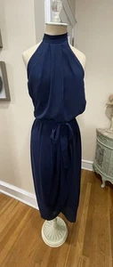 NEU, nie getragenes Cocktailkleid marine transparent Gr. M Neckholder-Midi-Gürtel-offener Rücken - Bild 1 von 4