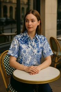 The Meaning Well Floral Shirt Blue White Short Sleeve Size S Upcycled Fabric - Picture 1 of 7