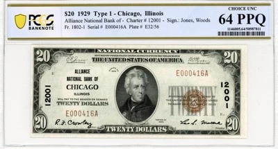 1929 $20 CHICAGO ALLIANCE NATIONAL BANK, CH# 12001 - PCGS 64 PPQ, Fr. 1802-1 - Image 1 of 2