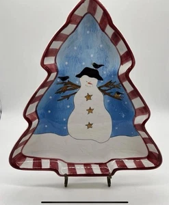 Debbie Mumm Sakura Christmas Tree Shaped Snowman Serving Candy Cookie Dish - Picture 1 of 6