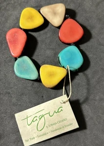 Georgeous Tagua Nut Stretch Bracelet Multicolor Knotted Between Each Stone Vtg - Picture 1 of 11