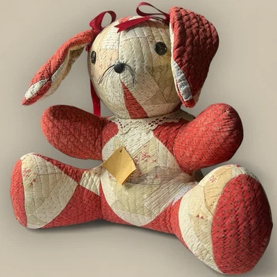 "Colcha hecha a mano de oso de peluche conejito reciclado vintage años 1800 16"" rojo crema antiguo" Foto 1 de 4