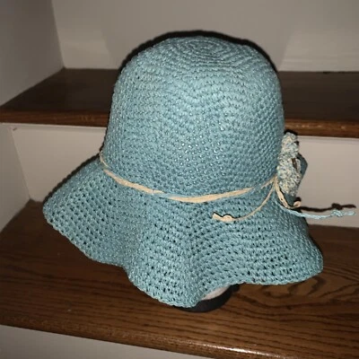 Sombrero de Paja Turquesa Floppy J CREW Flor Madera Botón Acento Fedora ❤️tb116 Foto 1 de 4