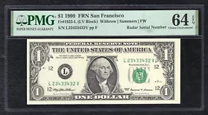 FR. 1925-L 1999 $1 FRN “LADDAR RADAR S/N L23433432V” PMG UNCIRCULATED-64EPQ - Picture 1 of 2