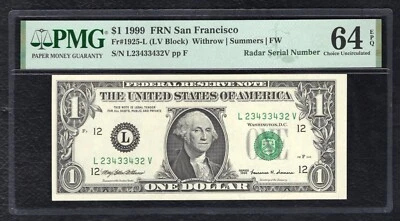 FR. 1925-L 1999 $1 FRN “LADDAR RADAR S/N L23433432V” PMG UNCIRCULATED-64EPQ - Image 1 of 2