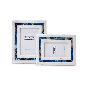 Tozai Blue Agate Inlay Set of 2 White Marble Photo Frames (4" x 6" and 5" x 7") - Picture 1 of 4