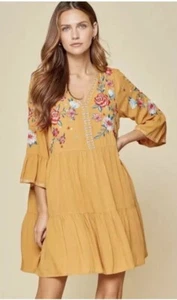 Daisy Jane Marigold Yellow Embroidered Babydoll Tiered Mini Dress Size Large - Picture 1 of 4