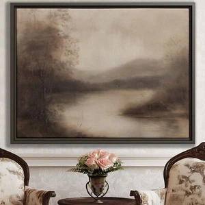 Misty Forest Canvas Wall Art Vintage Painting Muted Green Landscape Print Framed - Picture 1 of 9