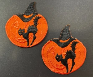 2x Kürbis schwarze Katze Halloween mit Hut Applikation Patch gruselig bestickt Nähen - Bild 1 von 4
