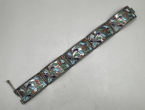 Vintage Sterling Silver 925 Greece Panel Bracelet w/ Enamel Floral Detail 22.93g - Picture 1 of 16