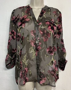 NWT KUT Petite XS Button Up Blouse Dark Gray Pink Floral Long Sleeve Semi Sheer - Picture 1 of 5